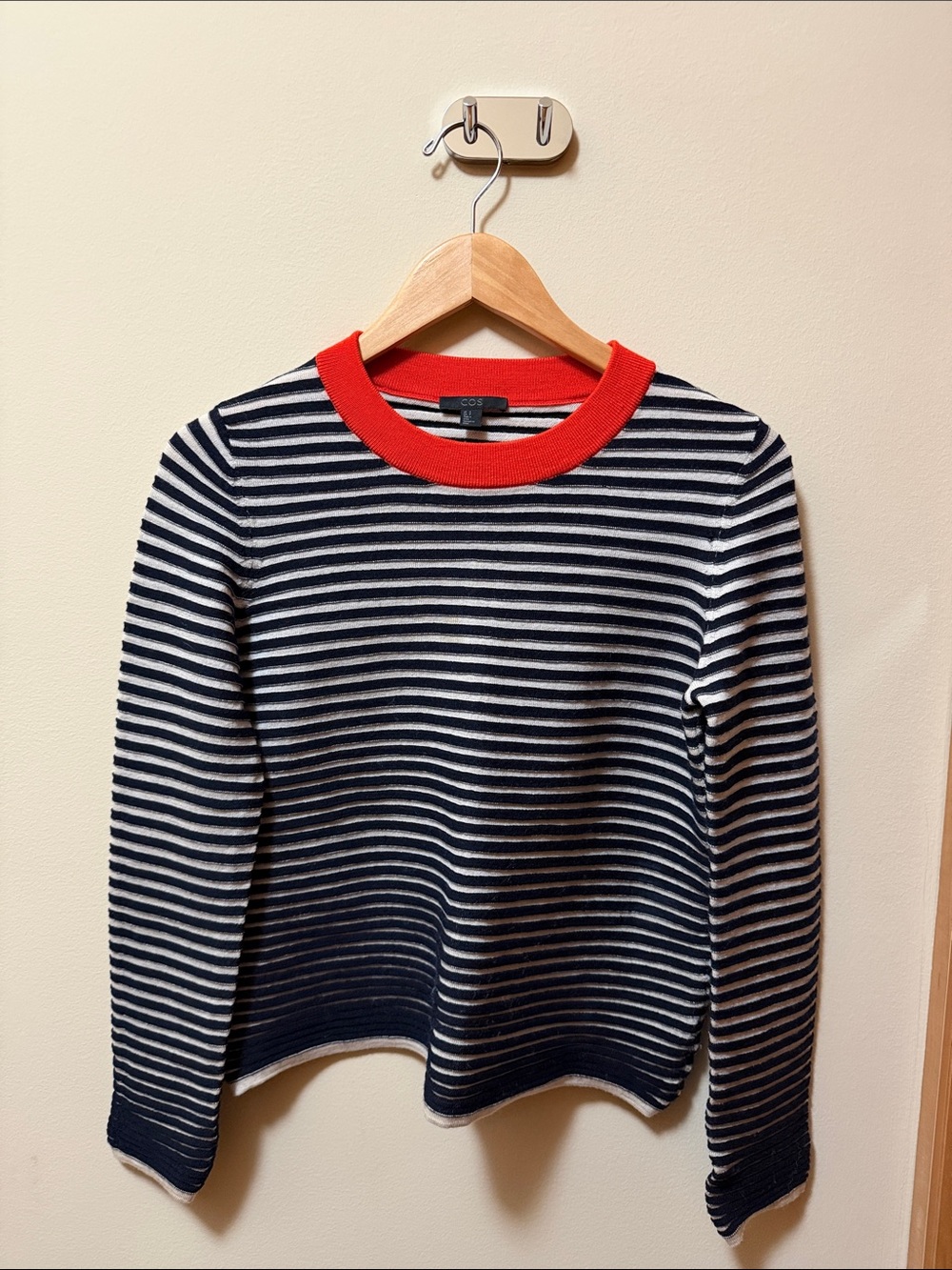 COS Navy & White Striped Sweater with Red Crew Neck